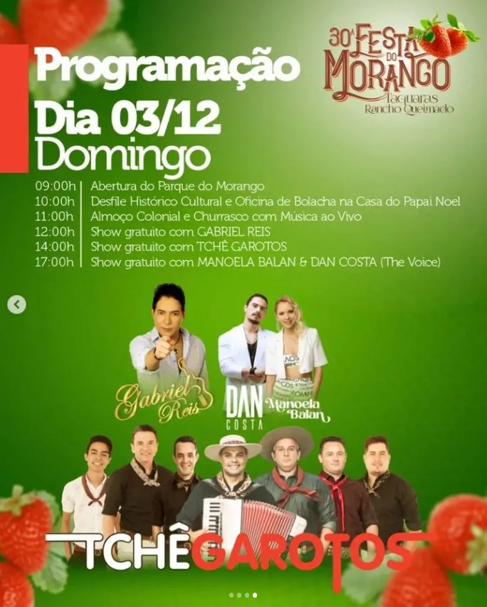 Festa Morango Taquaras 2023 Programação 3 Dezembro