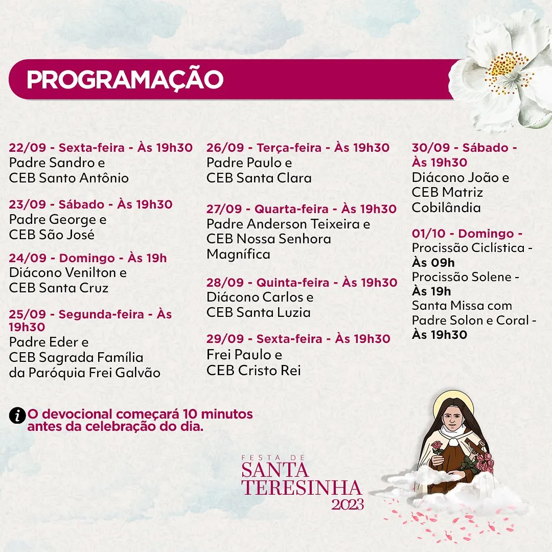 Festa de Santa Teresinha Vila Velha 2023 Programação